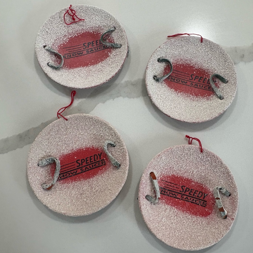 Vintage‎ Speedy Snow Saucer Sled Ornaments Set of 4 Retro Winter Decor